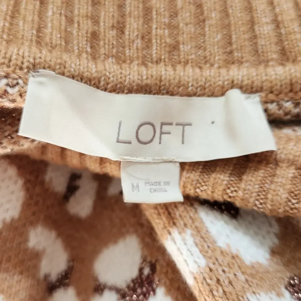 🐆 LOFT Leopard Print Mock Neck Sweater | Tan & White Metallic Accent | Size M